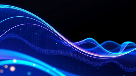 abstract technology background with blue glowing lines, 3d render illustrationの写真素材