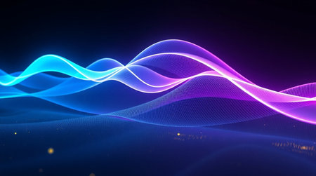 3d render, abstract background with glowing particles, wave lines and lights