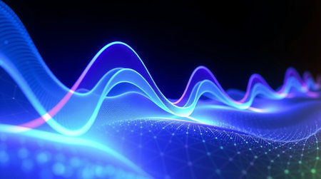 abstract 3d illustration of glowing particles, digital sound wave, sound waveの写真素材