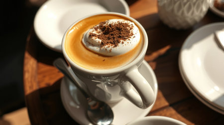 Cappuccino in a white cup on a wooden table.
