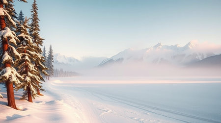 Beautiful winter landscape with frozen lake and snow covered pine trees.の写真素材