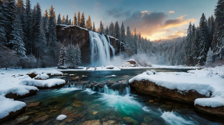 Beautiful winter landscape with a waterfall in the mountains. Long exposureの写真素材