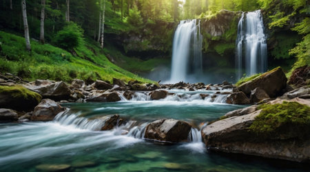 Waterfall in the forest. Panoramic view. Long exposure.の写真素材