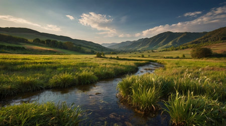 Mountain landscape with a small river in the foreground and green meadowsの写真素材