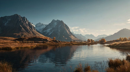 Mountains and lake in the autumn. Landscape with mountains and lake.の写真素材