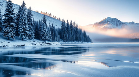 Beautiful winter landscape with frozen lake and snow-capped mountainsの写真素材