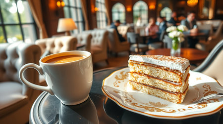 Coffee and cake on the table in coffee shop, stock photo