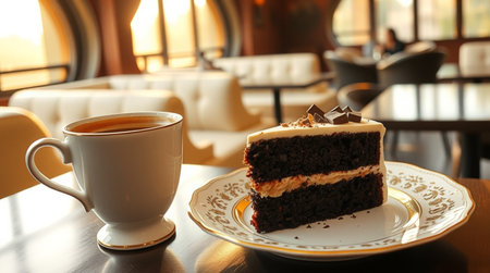 Coffee cup and chocolate cake on wooden table in coffee shopの写真素材