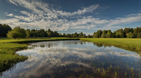 Panoramic view of a small lake in the middle of a forestの写真素材