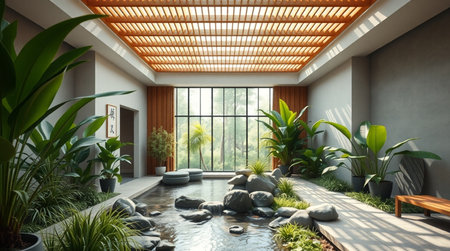Interior of modern living room with wooden walls, concrete floor and green plants. 3d renderingの写真素材