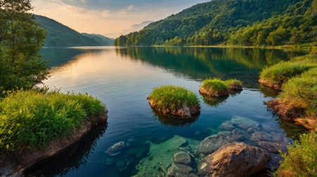 Panorama of the beautiful lake in the mountains. Summer landscape.の写真素材