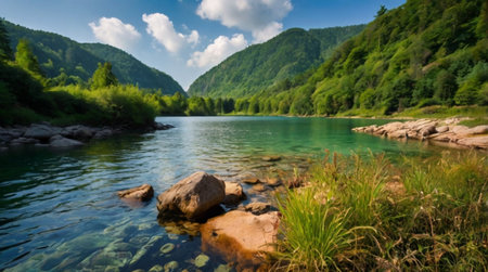 Mountain river in the summer. Beautiful landscape with a mountain river.