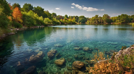 Panoramic view of the river and forest on a sunny dayの写真素材