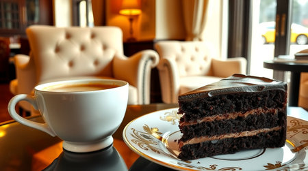 Coffee cup and chocolate cake on the table in coffee shopの写真素材