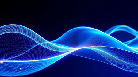 abstract blue wave with glowing particles on dark background. 3d rendering