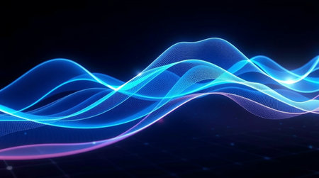 Abstract blue wave with particles on a dark background. 3d rendering