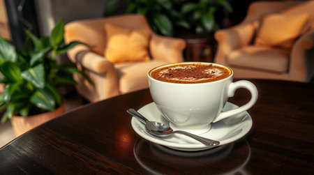 Coffee cup on the table in coffee shop, stock photo