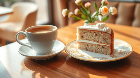 Coffee cup and cake on wooden table in coffee shop.の写真素材