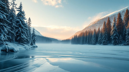 Beautiful winter landscape with frozen lake and snow covered fir trees.の写真素材