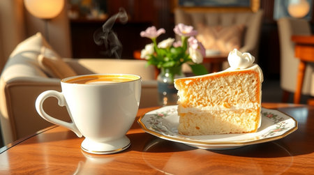 Cup of coffee and piece of cake on table in cafe, closeup