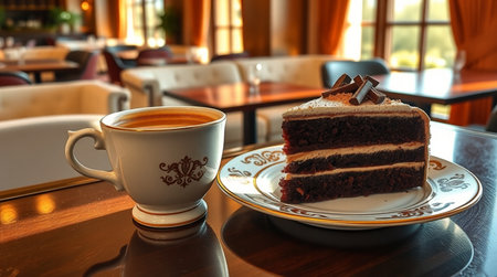 Cup of coffee and chocolate cake on table in cafe, closeupの写真素材