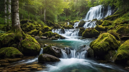 Beautiful waterfall in the forest, long exposure. Beautiful summer landscape.の写真素材