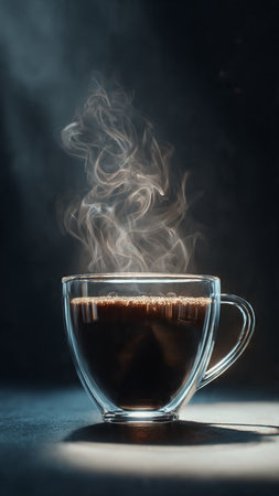 Cup of coffee with smoke on dark background. Copy space.の写真素材