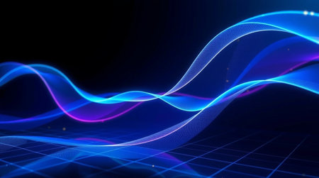 abstract blue wave background with glowing lines, 3d render illustrationの写真素材