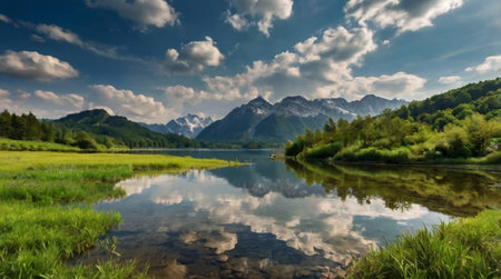 Panoramic view of alpine lake in Bavaria, Germanyの写真素材