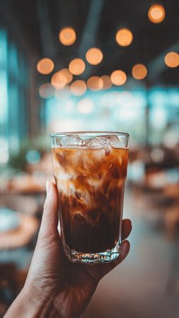Iced coffee in a glass in a cafe. Soft focus.の写真素材