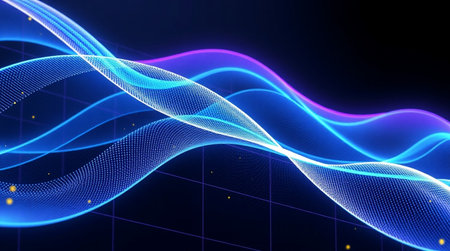 abstract blue wave with lights on dark background, 3d render