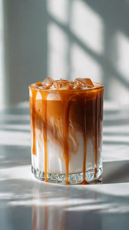 Iced coffee with caramel in glass on white background with sunlight.の写真素材