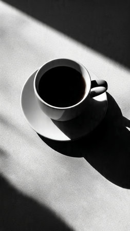 Cup of coffee with shadow on the wall. Black and white photo.の写真素材