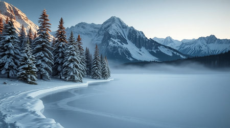 Winter landscape with snow covered fir trees on the shore of Lake Louise, Banff National Park,...