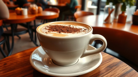 Cup of coffee on wooden table in cafe, closeup view