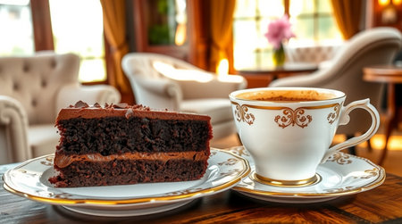 Chocolate cake and cup of coffee on wooden table in coffee shopの写真素材