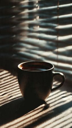 Cup of tea on window sill with blinds in morning sunlightの写真素材