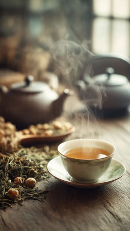 Cup of tea and teapot on wooden table, stock photoの写真素材