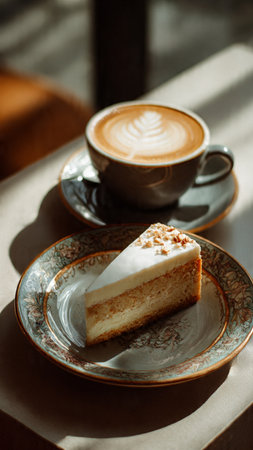 Coffee cup and cake on table in cafe, stock photoの写真素材