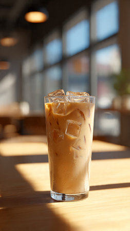 Iced coffee in glass on wooden table in coffee shop, stock photo