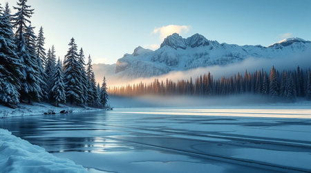 Beautiful winter landscape with frozen mountain lake and snow covered fir treesの写真素材