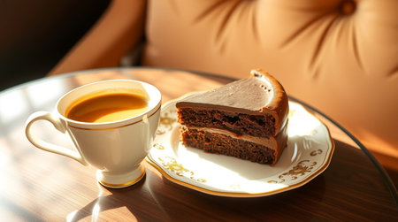 Cup of coffee and piece of cake on table, closeup