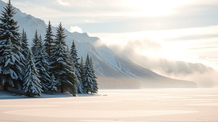 Winter landscape with frozen lake and snow covered fir trees in mountains.の写真素材
