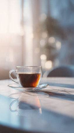 Cup of tea on the table in the morning sunlight. Selective focus.の写真素材