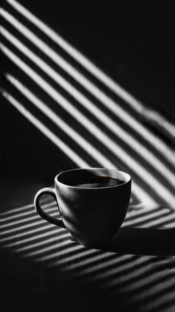 Cup of coffee with shadow on the wall. Black and white photo.の写真素材