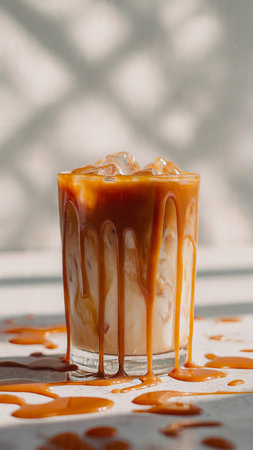 Iced caramel coffee in a glass with ice cubes on white backgroundの写真素材