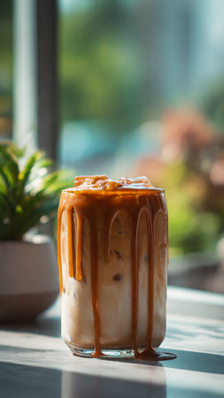 Iced caramel coffee in glass on table in coffee shop, stock photoの写真素材