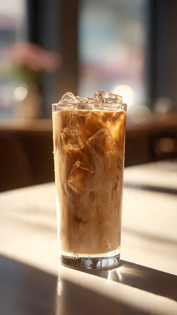 Iced coffee in a glass on a table in a cafe.