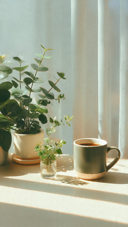 Cup of coffee and eucalyptus plant on window sillの写真素材