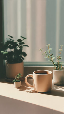 Coffee cup and plants on window sill in morning light. Toned.の写真素材